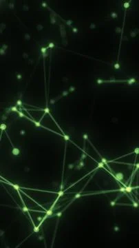 Green glowing network of connected nodes and lines on a dark background, re.. Illustrazione stock