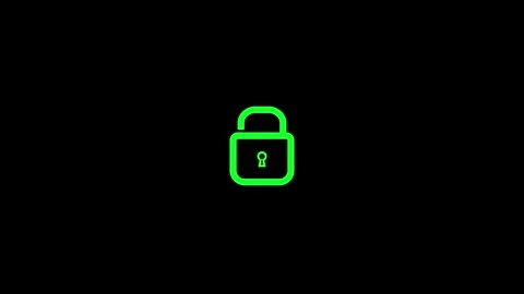 Green glowing padlock icon on black background Stock Footage 333685685