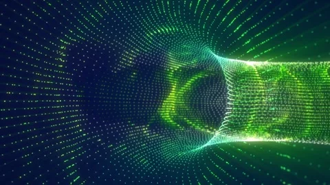 Green glowing particle funnel with dotted digital waves, representing data fl Stock Footage 336217751