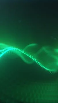 Green glowing particle waveform on a dark background, representing data flo.. Stock Illustration