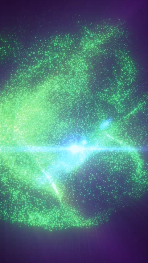 Green glowing particles gather around a bright central flare, creating an a.. Stock Footage 337160618