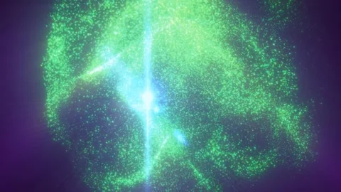 Green glowing particles gather around a bright central flare Stock Footage 338396715