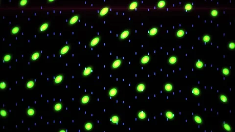 Green Glowing Particles Moving on a Dark Digital Grid Background for Tech Stock Footage 343716345