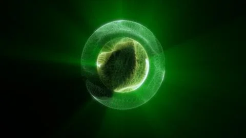 Green glowing plasma cell sphere with translucent membrane, inner core, and.. Stock Illustration