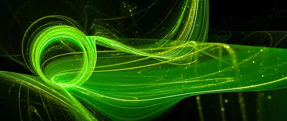 Green glowing Quantum communication widescreen template with letter Q Illustrazione stock