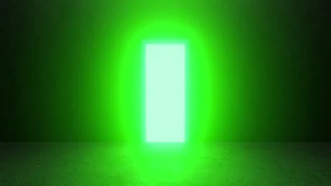 Green glowing rectangular door opening in dark room Stock Footage 310790146