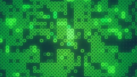Green glowing square pixels form an abstract digital matrix pattern Stock Footage 338396505