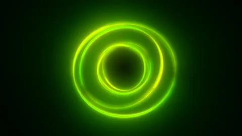 Green glowing twin-ring vortex on black background, representing flow of ener Stock Illustration