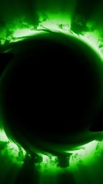 Green glowing vortex surrounded by swirling energy clouds and radial light ra Stockillustratie