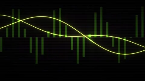 Green Glowing Wave Lines over Digital Financial Bar Charts Background Stock Footage 343716750