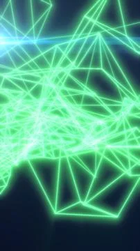 Green glowing wireframe network with polygon lines and digital horizon, sym.. Stock Photos