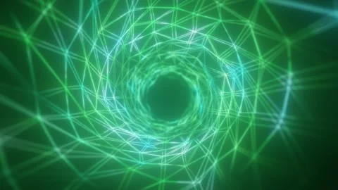 Green glowing wireframe vortex ring with polygon lines and sparkles Stock Footage 330436062