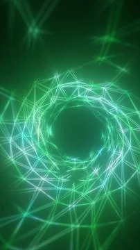 Green glowing wireframe vortex ring with polygon lines and sparkles, futurist Stockillustratie