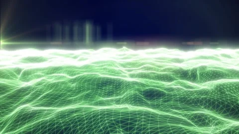 Green glowing wireframe wave landscape with polygon mesh, soft haze, and br.. 動画素材 329027050