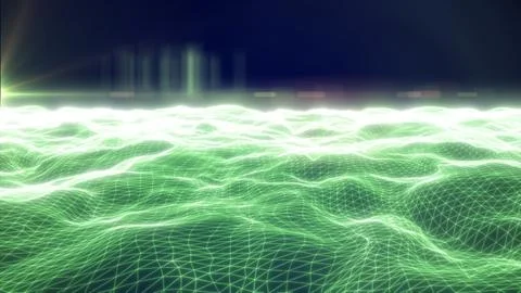 Green glowing wireframe wave landscape with polygon mesh, soft haze, and br.. Stock Illustration