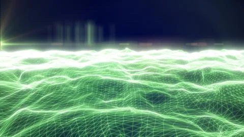 Green glowing wireframe wave landscape with polygon mesh, soft haze, and br.. Stock Illustration