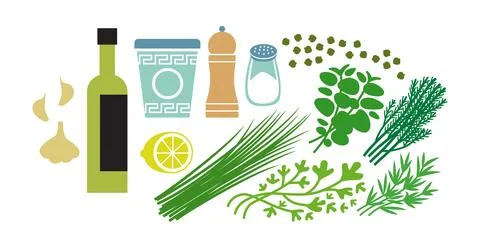 Green goddess dressing fresh raw ingredients set. Flat vector illustration .. Stock Illustration