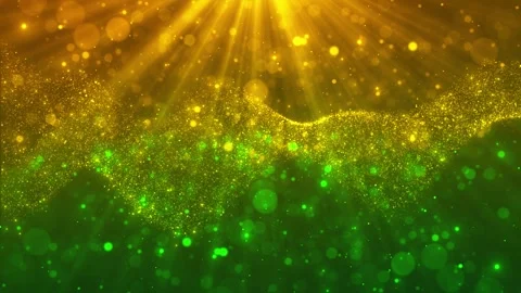 Green gold particle wave background bright sunshine rays, soft bokeh, glowing du Stock Footage 340397756
