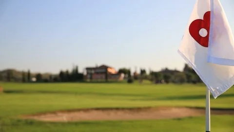 Green Golf Course With White Flag And The Hole. Sport And Leisure Concept Stock Footage 121419516
