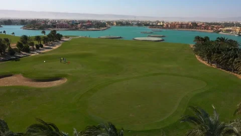 Green golf fields surrounded by date palm trees in an African desert of El Gouna Stock Footage 169606604