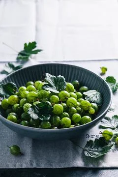Green gooseberries with leaves in a gray ceramic plate. Stock Photos