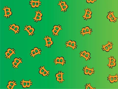 Green gradient background with orange bitcoin symbols flying around. Cryptocu Stock Illustration