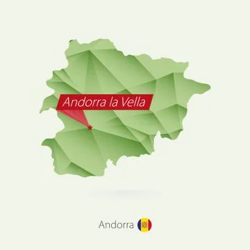 Green gradient low poly map of Andorra with capital Andorra la Vella Stock Illustration