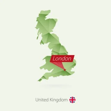Green gradient low poly map of United Kingdom with capital London Stock Illustration