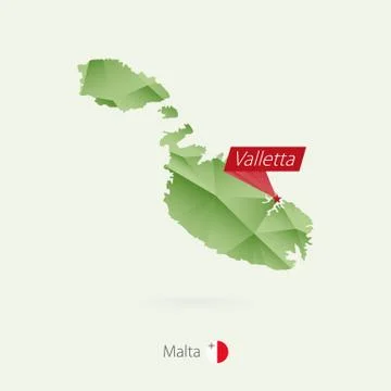 Green gradient low poly map of Malta with capital Valletta Stock Illustration