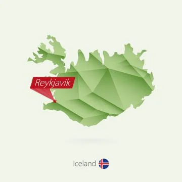 Green gradient low poly map of Iceland with capital Reykjavik Stock Illustration
