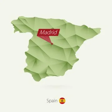 Green gradient low poly map of Spain with capital Madrid Stock Illustration