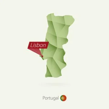Green gradient low poly map of Portugal with capital Lisbon Stock Illustration