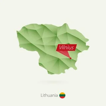 Green gradient low poly map of Lithuania with capital Vilnius Stock Illustration