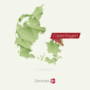 Green gradient low poly map of Denmark with capital Copenhagen Stock Illustration