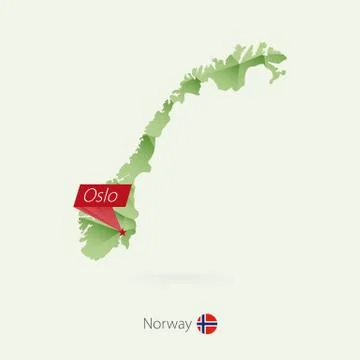 Green gradient low poly map of Norway with capital Oslo Stock Illustration