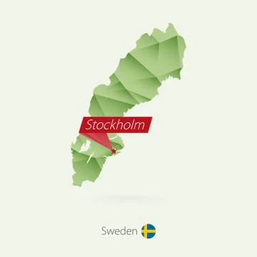 Green gradient low poly map of Sweden with capital Stockholm Stock Illustration