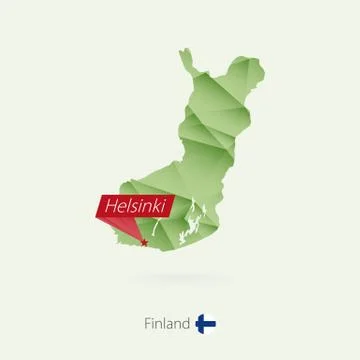 Green gradient low poly map of Finland with capital Helsinki Stock Illustration