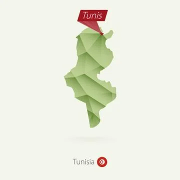 Green gradient low poly map of Tunisia with capital Tunis Stock Illustration