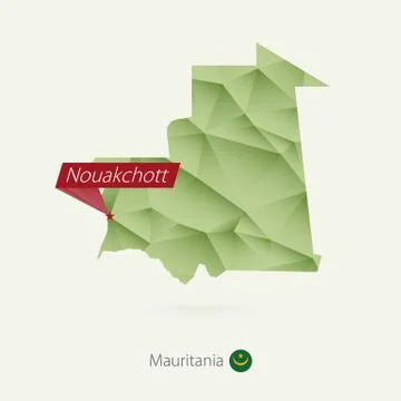Green gradient low poly map of Mauritania with capital Nouakchott Stock Illustration