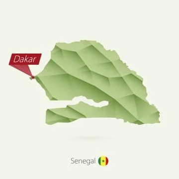 Green gradient low poly map of Senegal with capital Dakar Stock Illustration