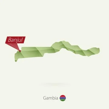 Green gradient low poly map of Gambia with capital Banjul Stock Illustration