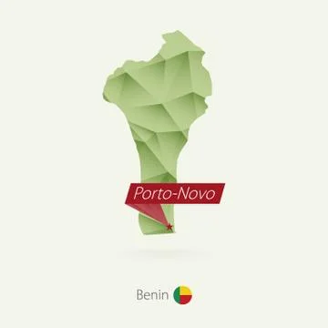 Green gradient low poly map of Benin with capital Porto-Novo Stock Illustration