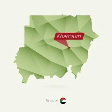Green gradient low poly map of Sudan with capital Khartoum Stock Illustration