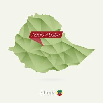 Green gradient low poly map of Ethiopia with capital Addis Ababa Stock Illustration
