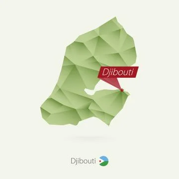 Green gradient low poly map of Djibouti with capital Djibouti Stock Illustration
