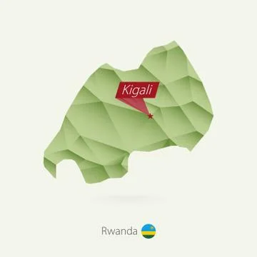 Green gradient low poly map of Rwanda with capital Kigali Stock Illustration