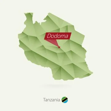 Green gradient low poly map of Tanzania with capital Dodoma Stock Illustration