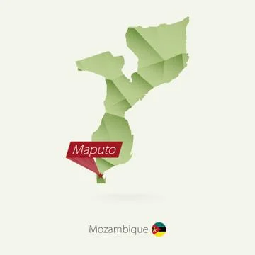 Green gradient low poly map of Mozambique with capital Maputo Stock Illustration