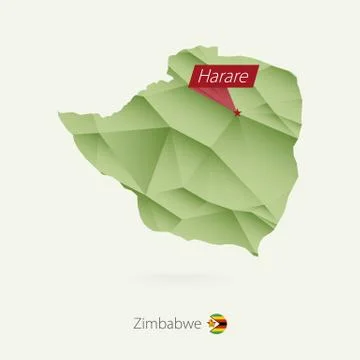 Green gradient low poly map of Zimbabwe with capital Harare Stock Illustration