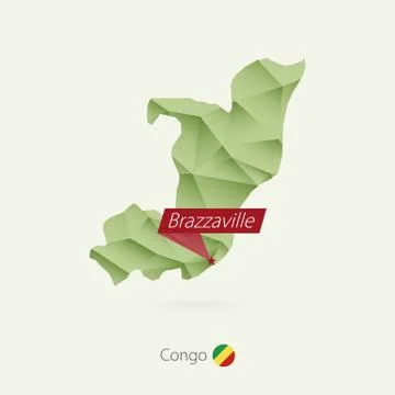 Green gradient low poly map of Congo with capital Brazzaville Stock Illustration